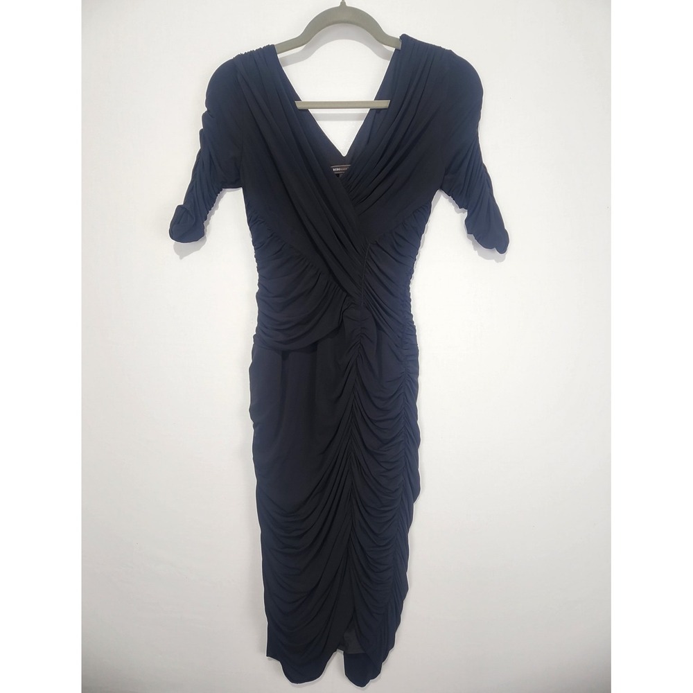 BCBG MAXAZRIA Evert Ruched V-Neck Dressy Black Dress Size S